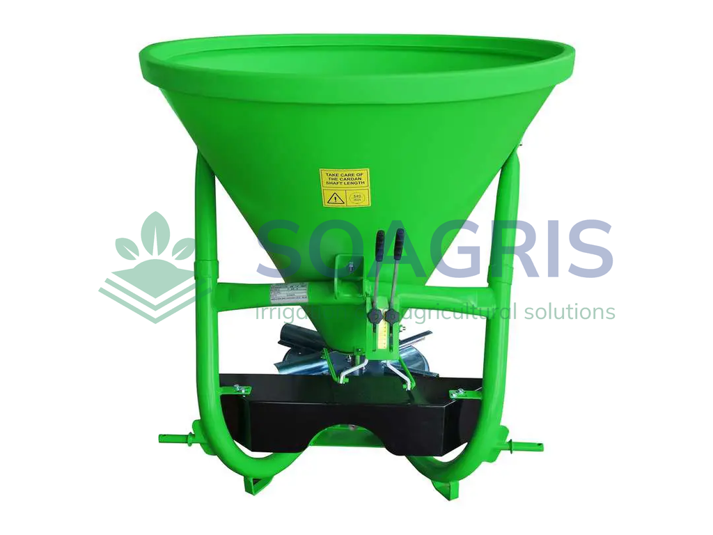 Tractor mounted fertilizer spreader PL and P. Simple disc, conical hopper