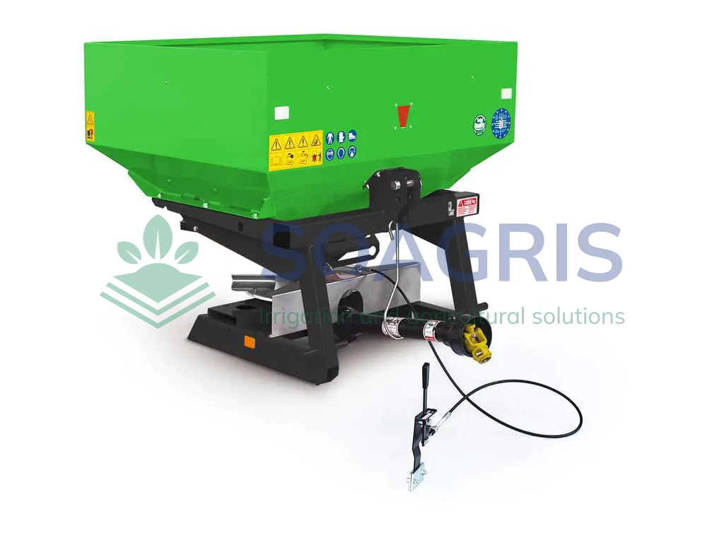 Tractor mounted fertilizer spreader SVM. Simple disc, square hopper