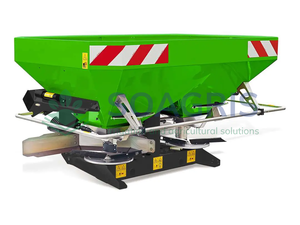 Tractor mounted fertilizer spreader FRT. Double disc, rectangular hopper